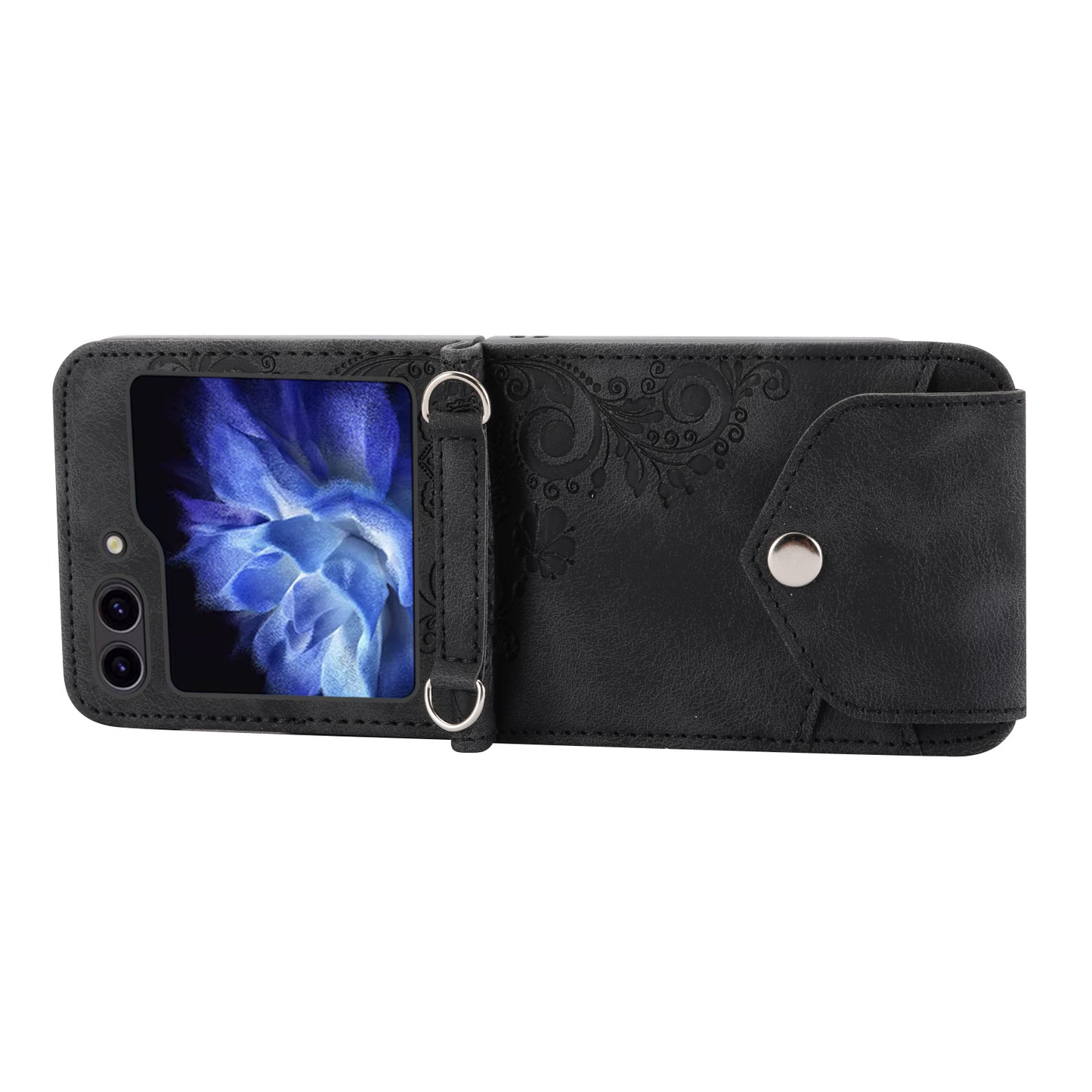 For Samsung Galaxy Z Flip6 5G Leather Case Multiple Card Slots Phone Cover with Shoulder Strap - Black