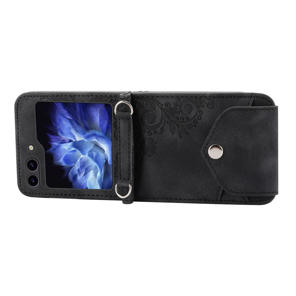 For Samsung Galaxy Z Flip7 FE 5G / Z Flip6 5G Leather Case Multiple Card Slots Phone Cover with Shoulder Strap - Black