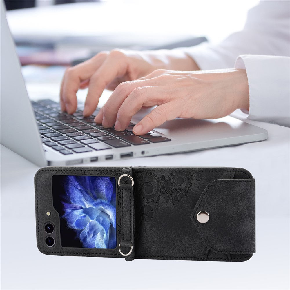 For Samsung Galaxy Z Flip7 FE 5G / Z Flip6 5G Leather Case Multiple Card Slots Phone Cover with Shoulder Strap - Black