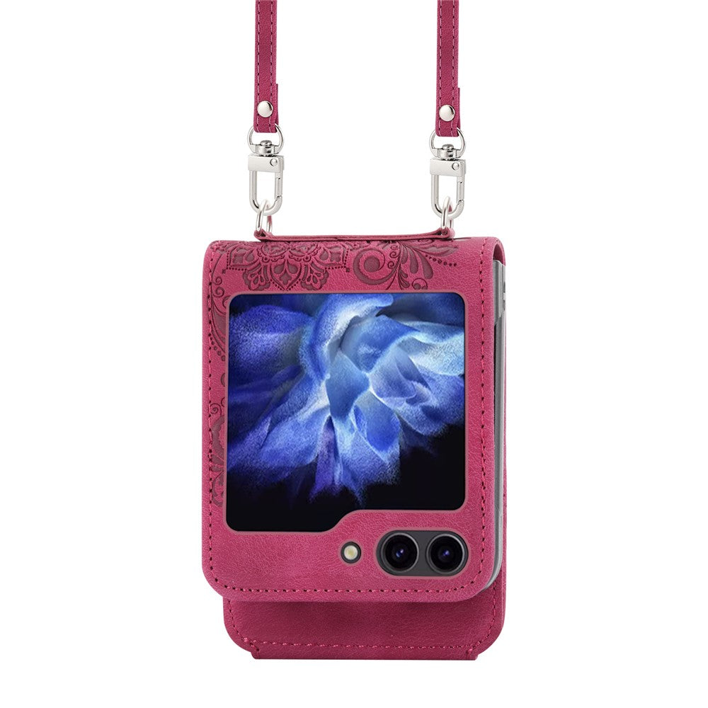 For Samsung Galaxy Z Flip7 FE 5G / Z Flip6 5G Leather Case Multiple Card Slots Phone Cover with Shoulder Strap - Wine Red