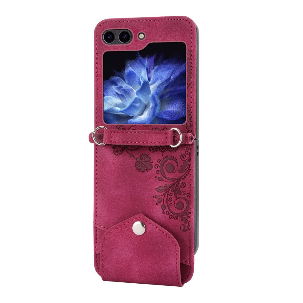 For Samsung Galaxy Z Flip7 FE 5G / Z Flip6 5G Leather Case Multiple Card Slots Phone Cover with Shoulder Strap - Wine Red