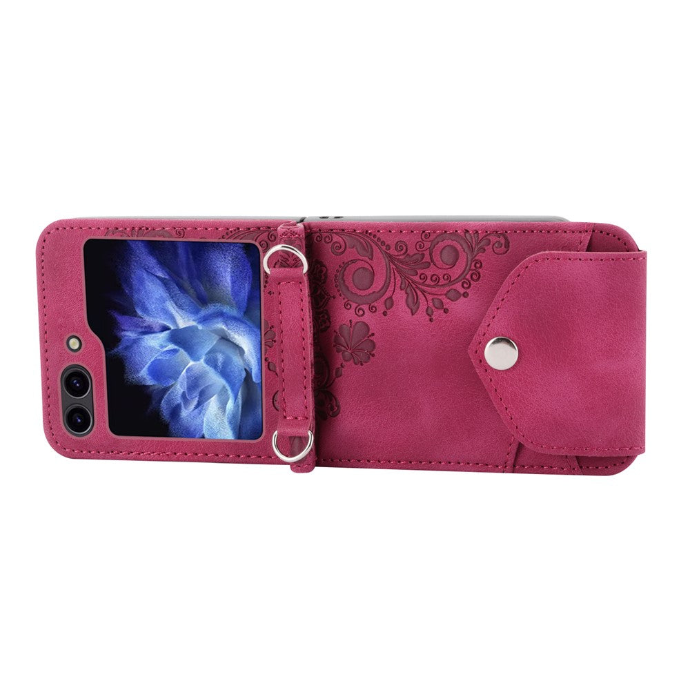 For Samsung Galaxy Z Flip7 FE 5G / Z Flip6 5G Leather Case Multiple Card Slots Phone Cover with Shoulder Strap - Wine Red