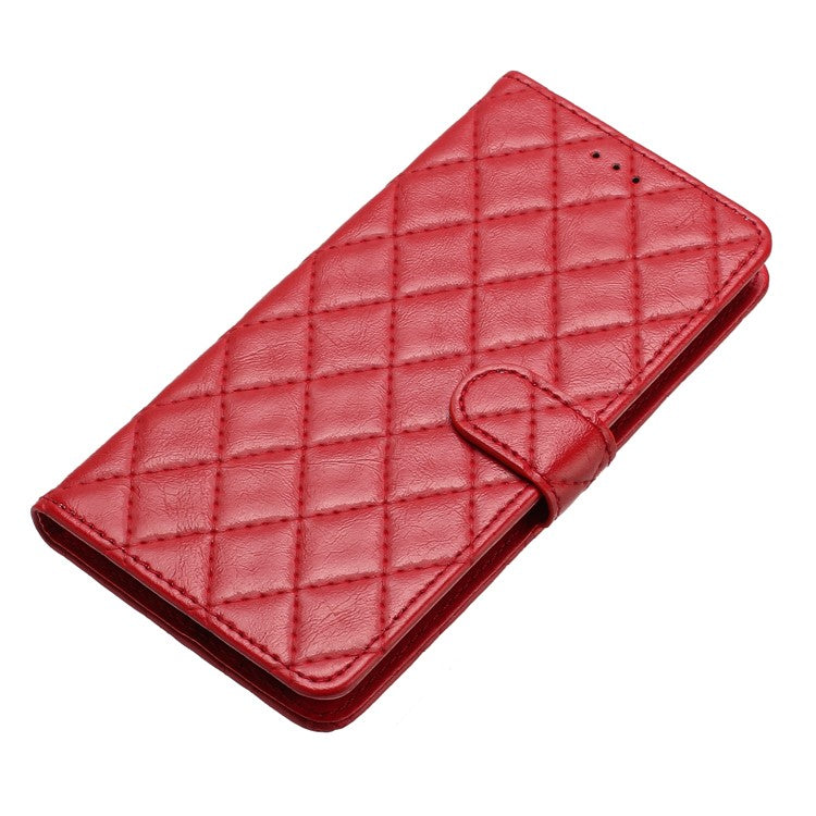 For Samsung Galaxy S24 FE Case Rhombus Pattern Leather Wallet Phone Cover with Strap - Red