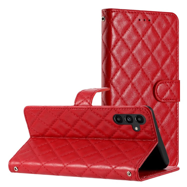 For Samsung Galaxy S24 FE Case Rhombus Pattern Leather Wallet Phone Cover with Strap - Red