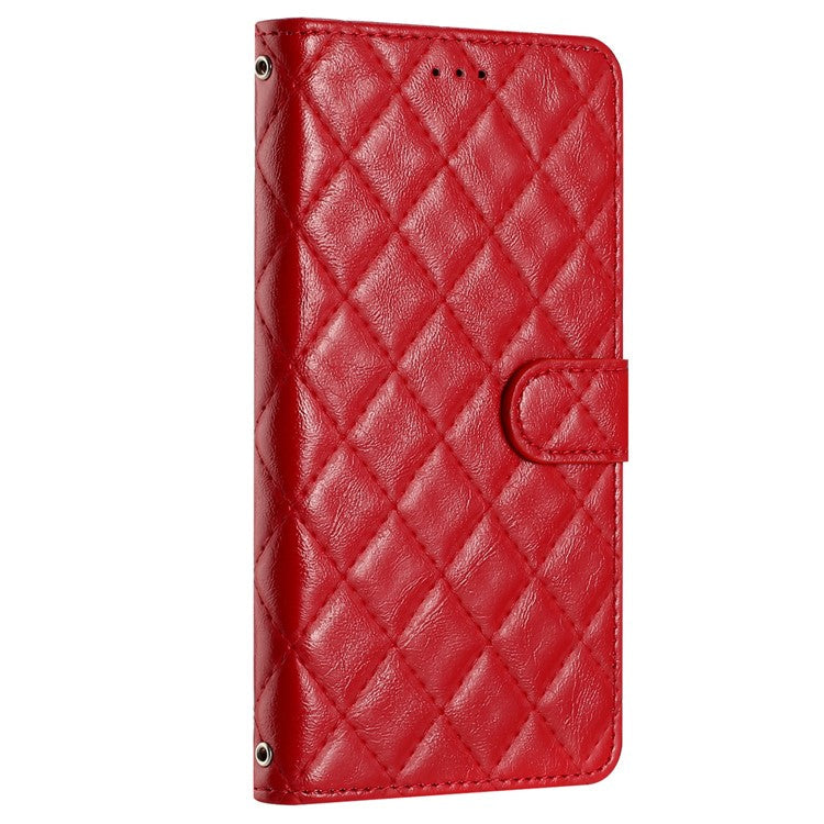 For Samsung Galaxy S24 FE Case Rhombus Pattern Leather Wallet Phone Cover with Strap - Red