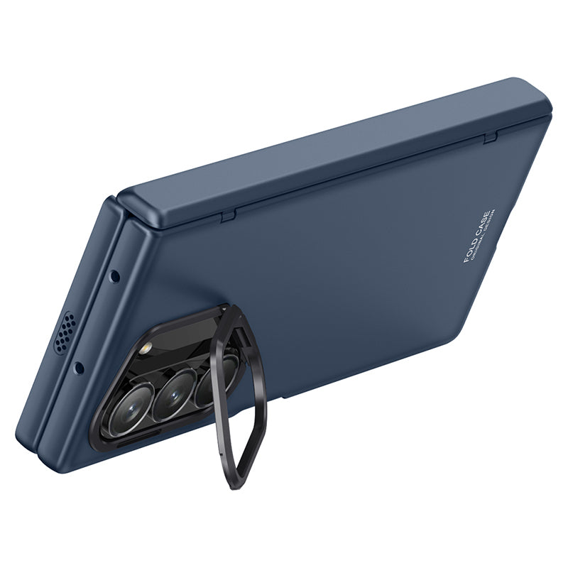 For Samsung Galaxy Z Fold6 5G Case Kickstand Hard PC Phone Cover with HD Tempered Glass Film - Blue