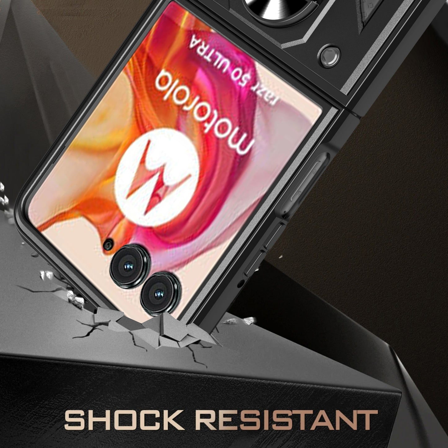 For Motorola Razr 50 Ultra 5G Kickstand Case PC+TPU Phone Shell with Slide Camera Lid - Black
