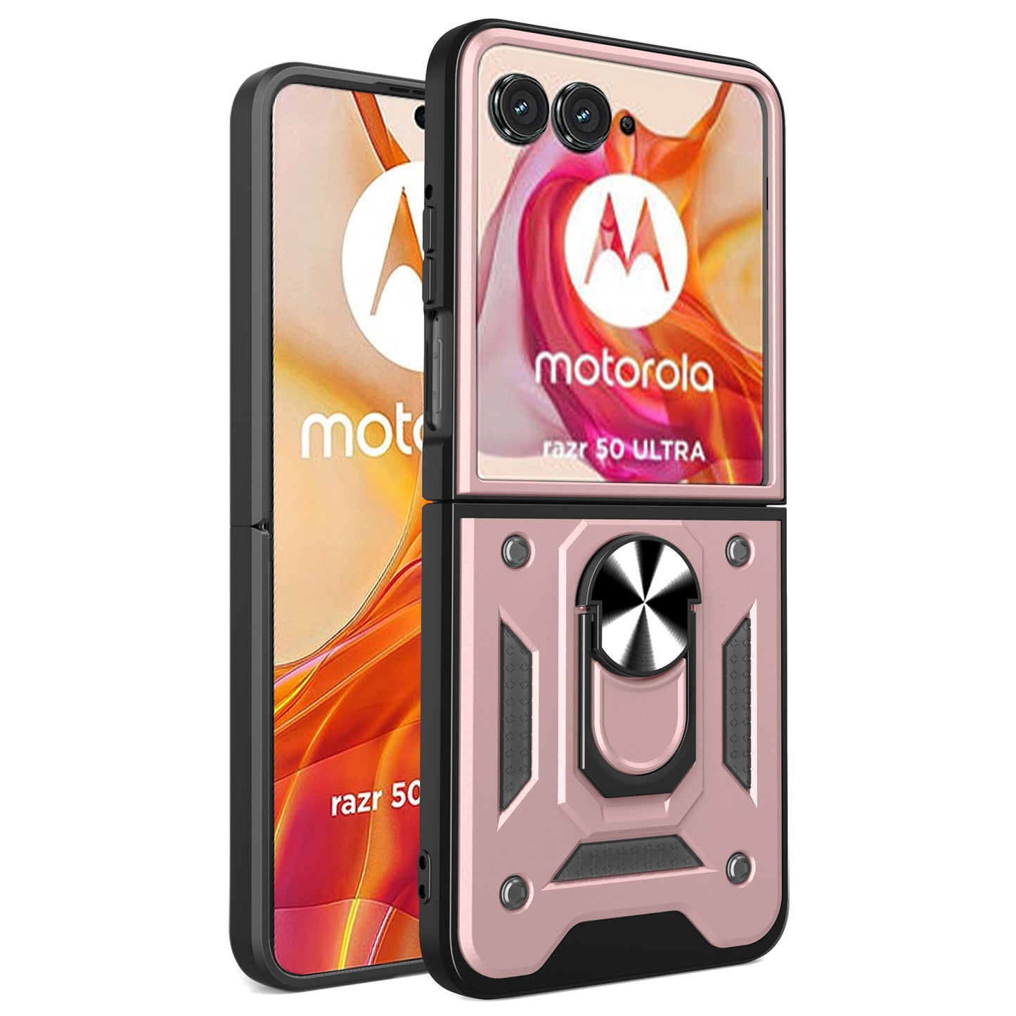 For Motorola Razr 50 Ultra 5G Kickstand Case PC+TPU Phone Shell with Slide Camera Lid - Rose Gold