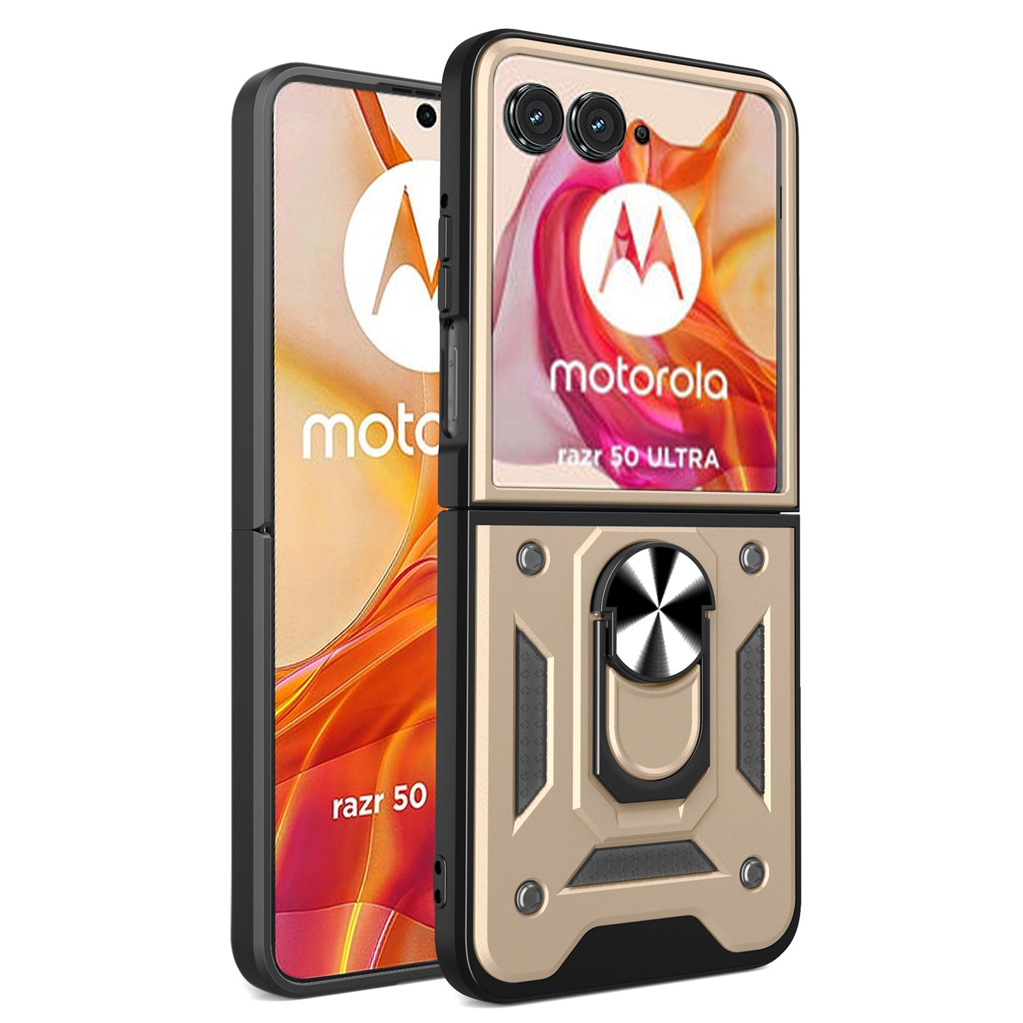 For Motorola Razr 50 Ultra 5G Kickstand Case PC+TPU Phone Shell with Slide Camera Lid - Gold