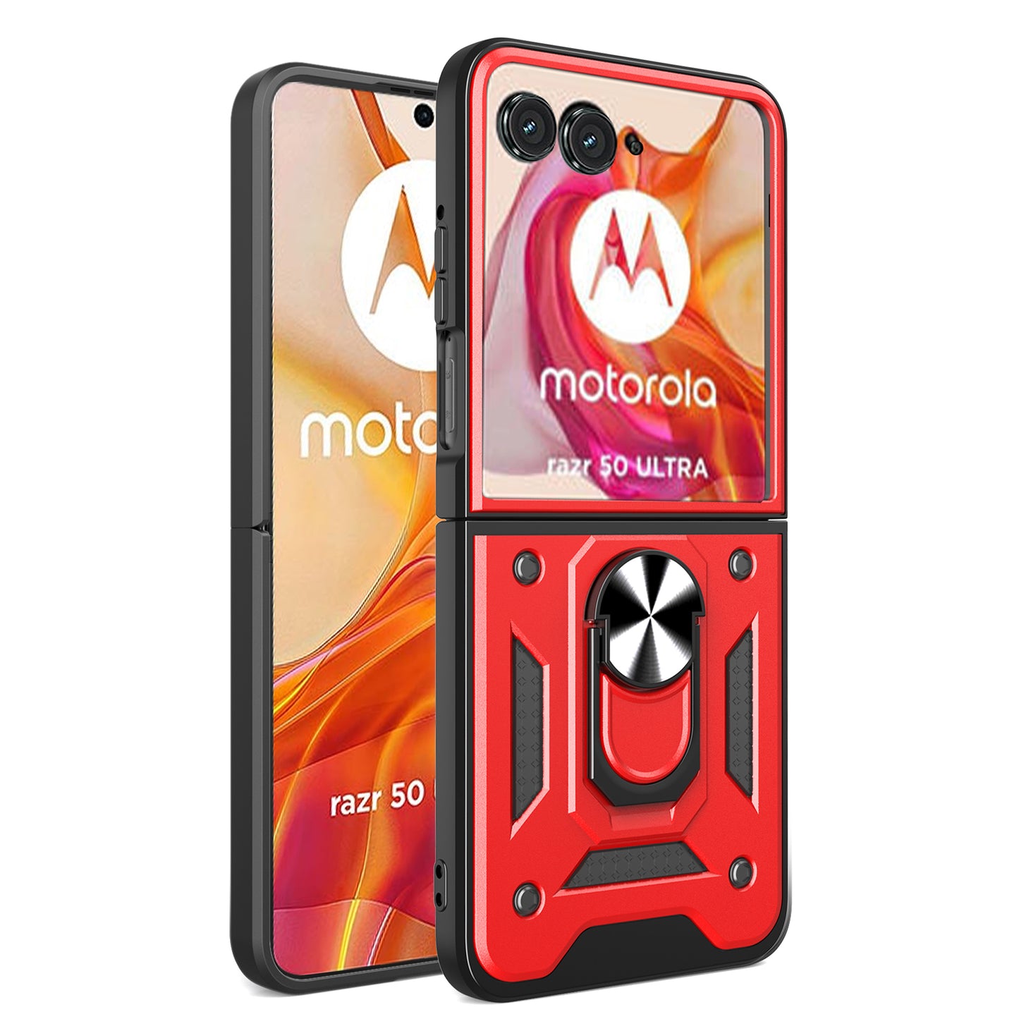 For Motorola Razr 50 Ultra 5G Kickstand Case PC+TPU Phone Shell with Slide Camera Lid - Red