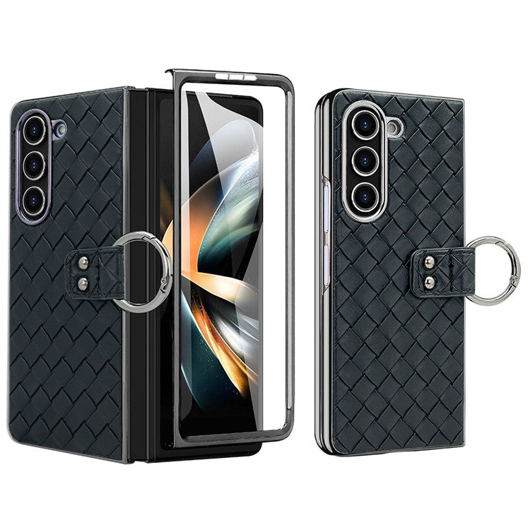 For Samsung Galaxy Z Fold5 5G Case Woven Texture Leather+PC Phone Cover with Back Screen Film - Black