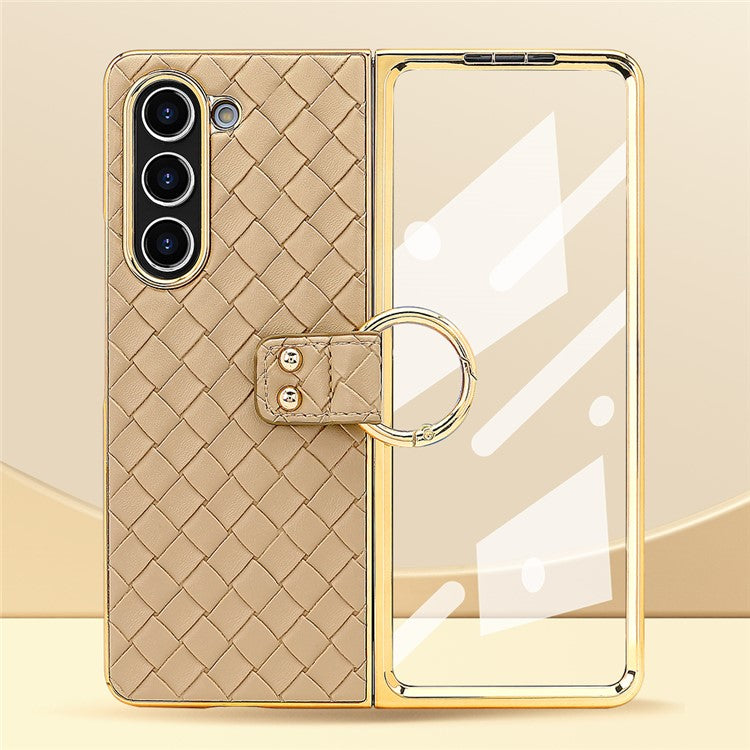 For Samsung Galaxy Z Fold5 5G Case Woven Texture Leather+PC Phone Cover with Back Screen Film - Black