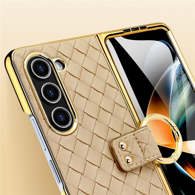 For Samsung Galaxy Z Fold5 5G Case Woven Texture Leather+PC Phone Cover with Back Screen Film - Black