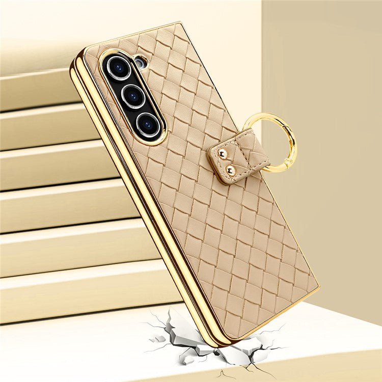 For Samsung Galaxy Z Fold5 5G Case Woven Texture Leather+PC Phone Cover with Back Screen Film - Black