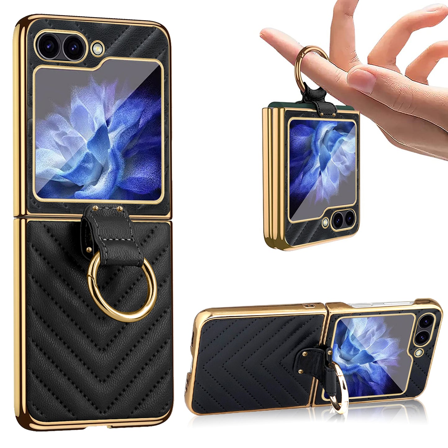 For Samsung Galaxy Z Flip6 5G Case V-Shape Pattern Kickstand PC Phone Cover - Black