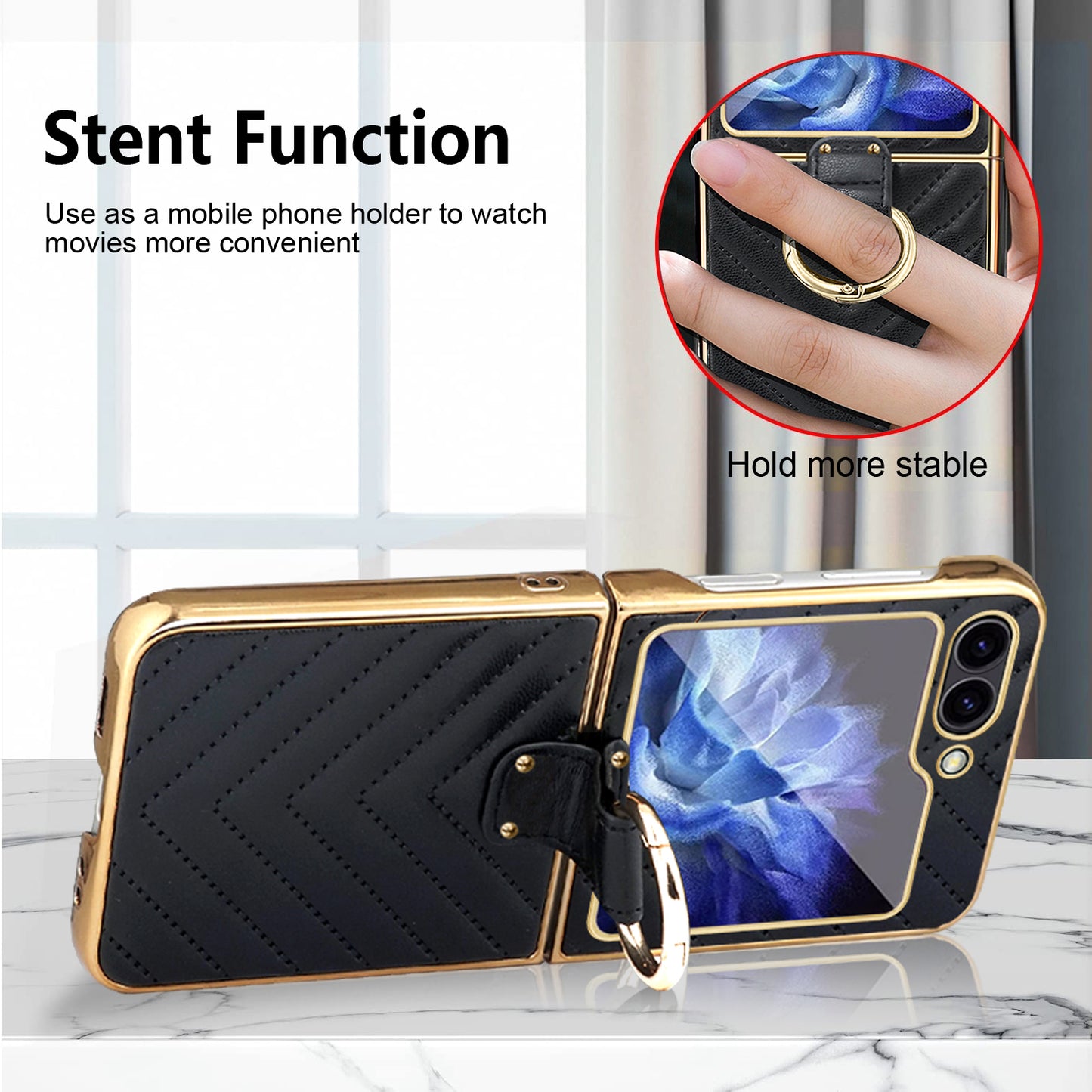 For Samsung Galaxy Z Flip6 5G Case V-Shape Pattern Kickstand PC Phone Cover - Black