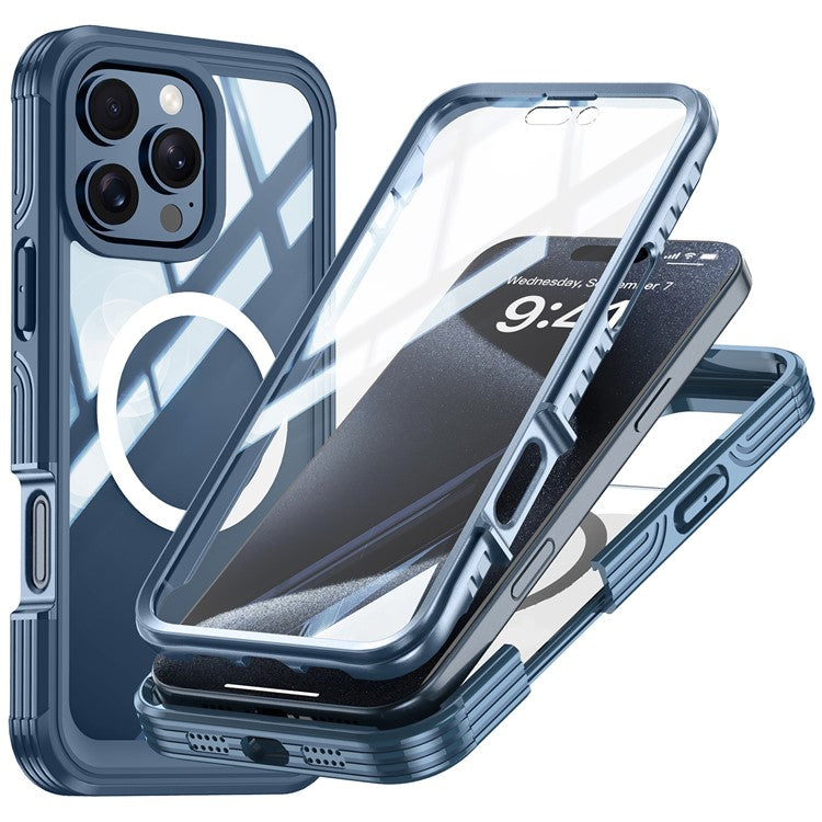 For iPhone 16 Pro Magnetic Case PC + TPU Full Protection Phone Cover with Screen Film - Dark Blue