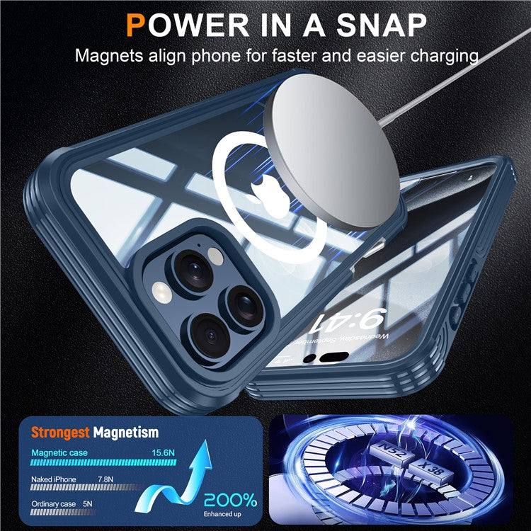 For iPhone 16 Pro Magnetic Case PC + TPU Full Protection Phone Cover with Screen Film - Dark Blue