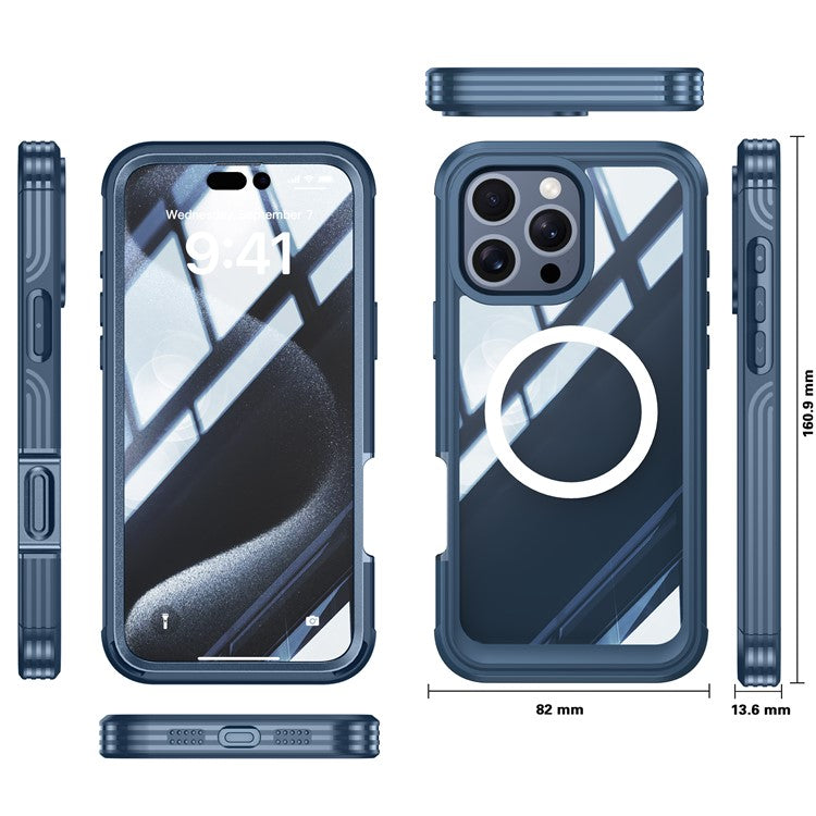 For iPhone 16 Pro Magnetic Case PC + TPU Full Protection Phone Cover with Screen Film - Dark Blue