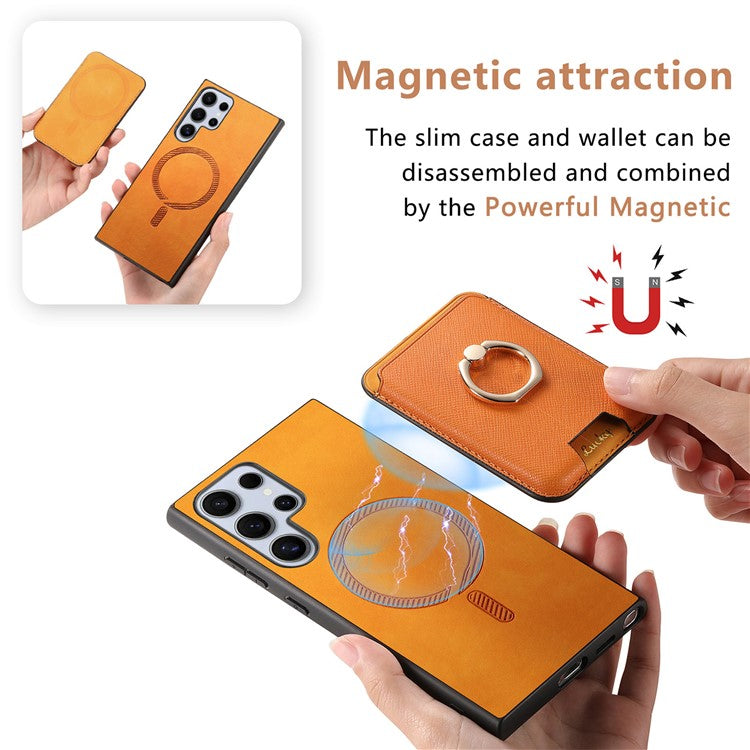 For Samsung Galaxy S23 Ultra Case Leather+TPU Cover Detachable Magnetic Card Holder - Orange