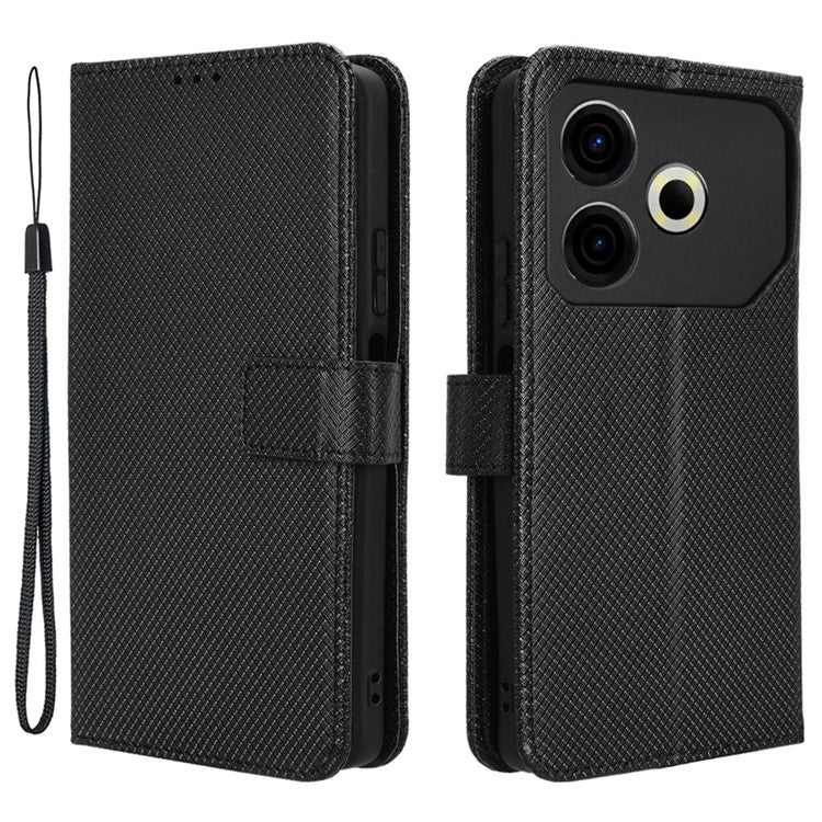 For TECNO Pova 6 Neo Case PU Leather Diamond Texture Protective Phone Cover - Black