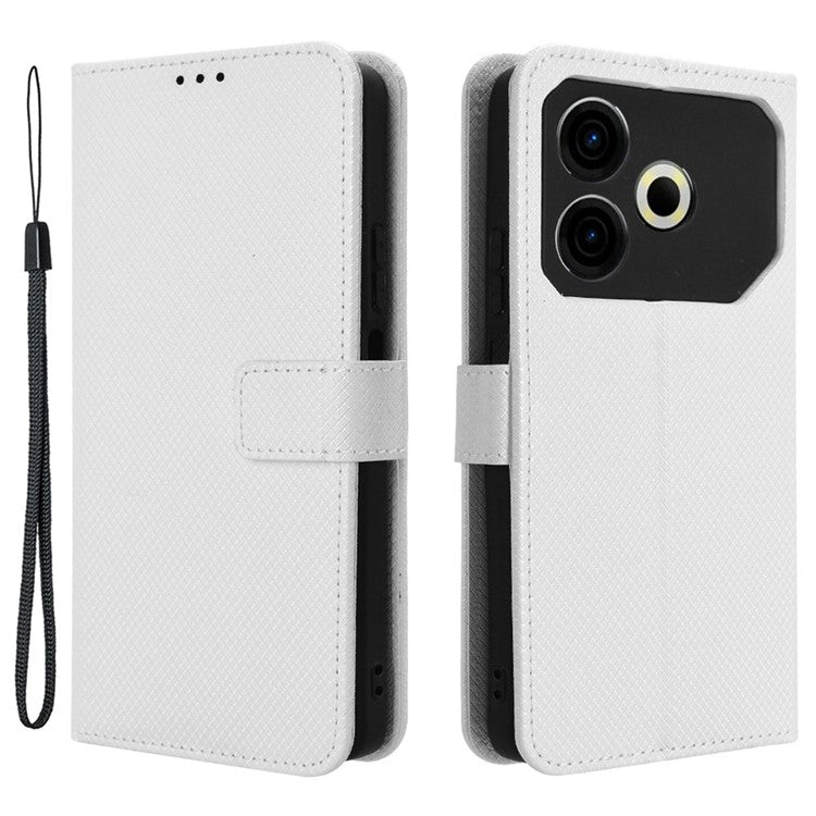 For TECNO Pova 6 Neo Case PU Leather Diamond Texture Protective Phone Cover - White