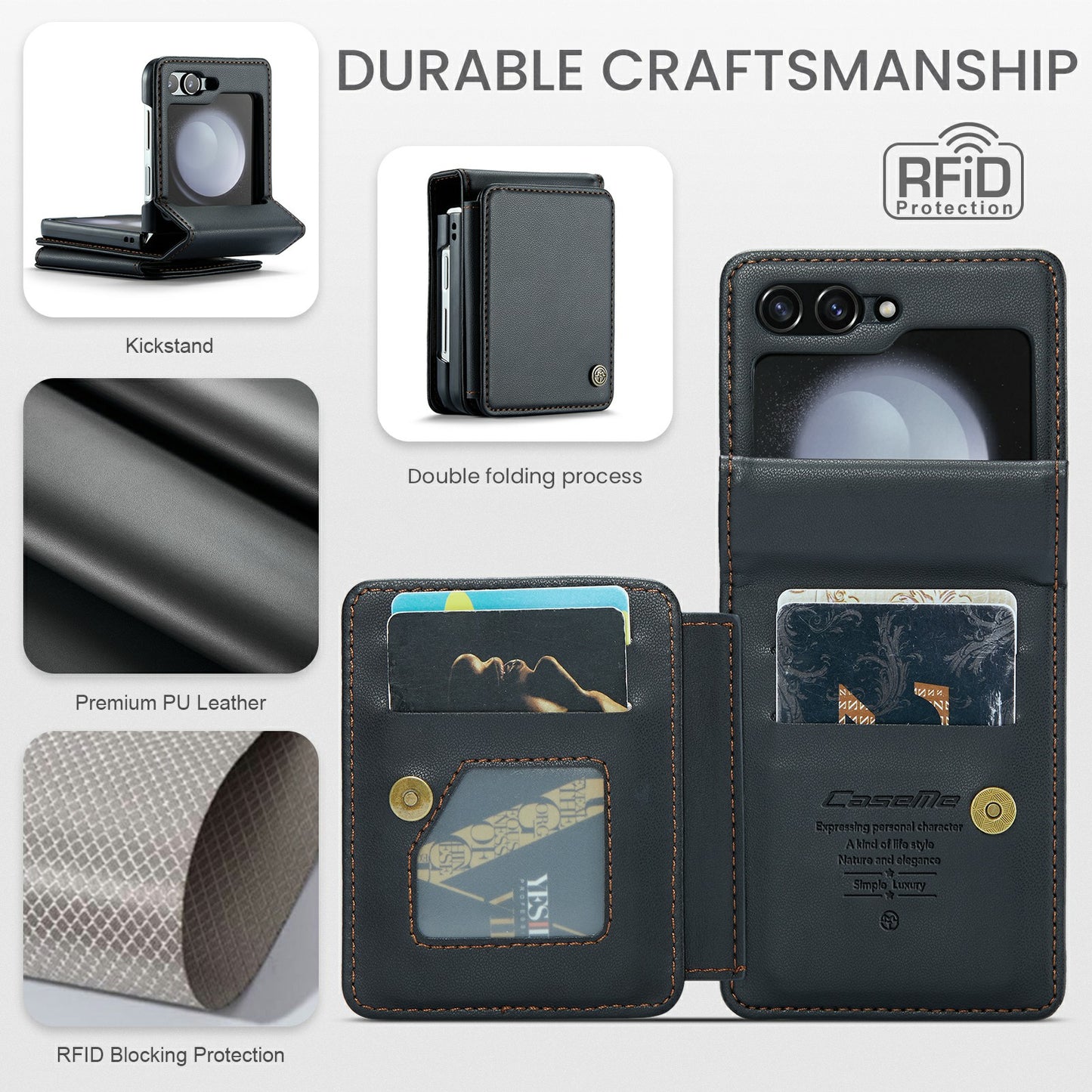 CASEME C22 Series for Samsung Galaxy Z Flip6 5G Case RFID Blocking Card Slot Leather Cover - Black