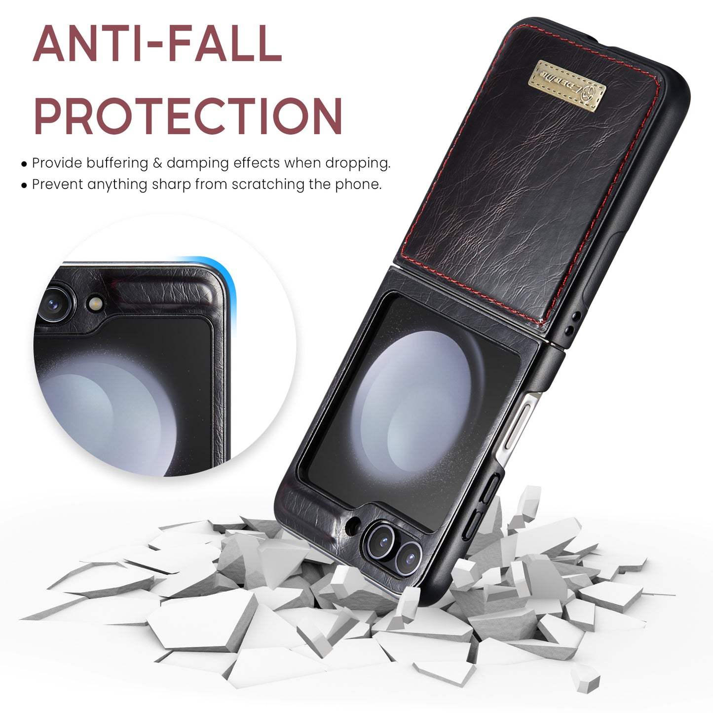 CASEME 003 Series For Samsung Galaxy Z Flip6 5G Case Leather Coated Hard PC Phone Cover - Black / Red