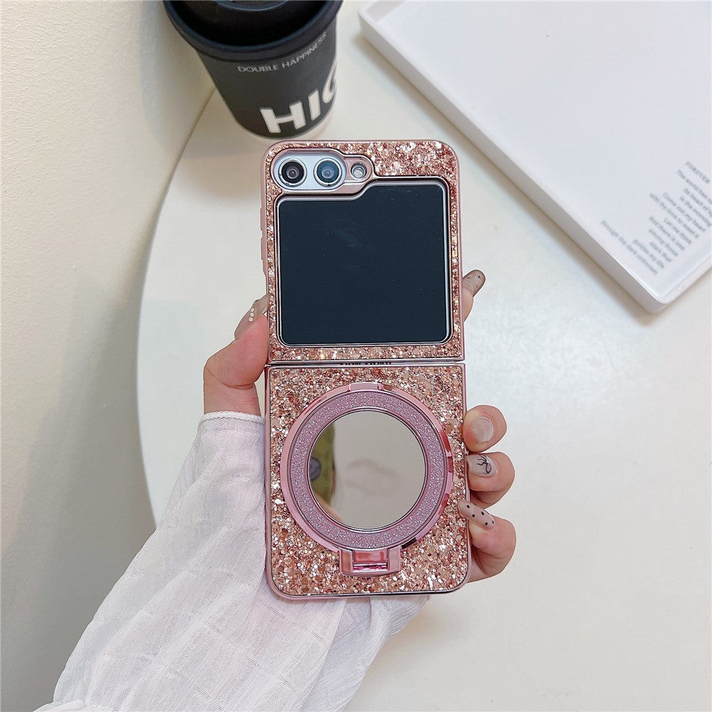 For Samsung Galaxy Z Flip7 FE 5G / Z Flip6 5G Case TPU+PC Kickstand Phone Cover with Mirror - Rose Gold