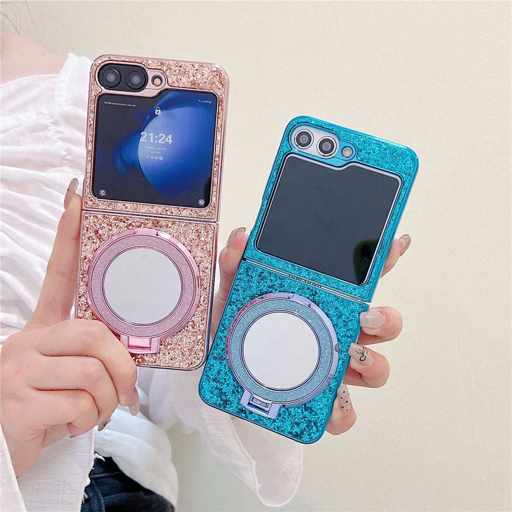 For Samsung Galaxy Z Flip7 FE 5G / Z Flip6 5G Case TPU+PC Kickstand Phone Cover with Mirror - Gold