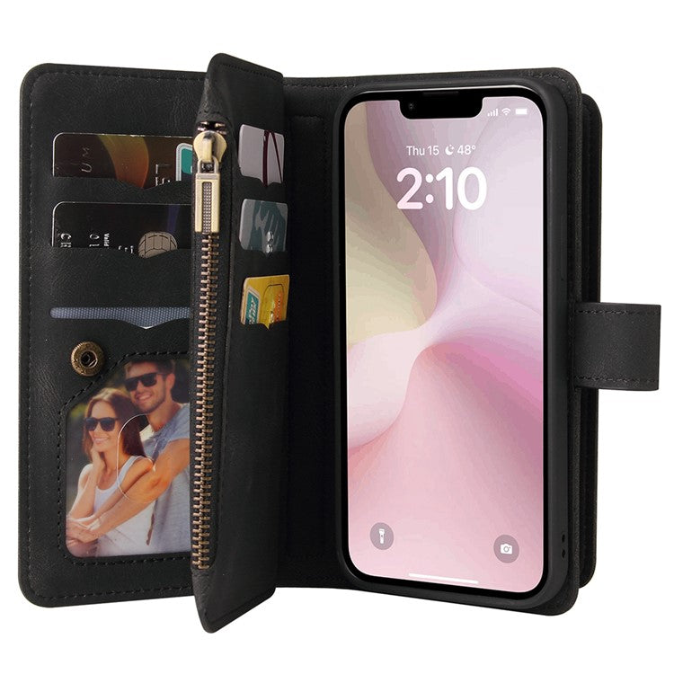 For iPhone 16e Case Zipper Wallet Leather Stand Cell Phone Cover - Black