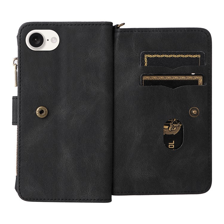 For iPhone 16e Case Zipper Wallet Leather Stand Cell Phone Cover - Black
