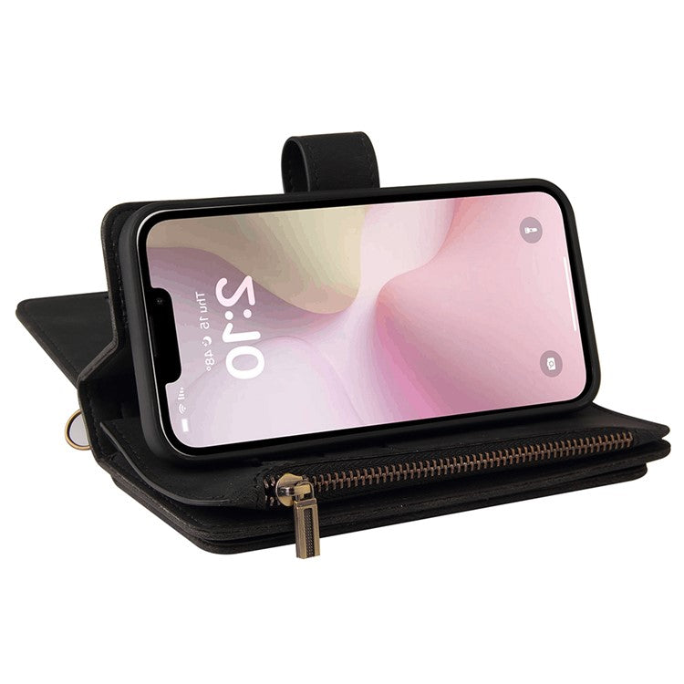 For iPhone 16e Case Zipper Wallet Leather Stand Cell Phone Cover - Black