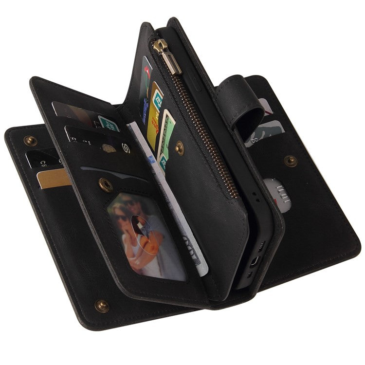 For iPhone 16e Case Zipper Wallet Leather Stand Cell Phone Cover - Black