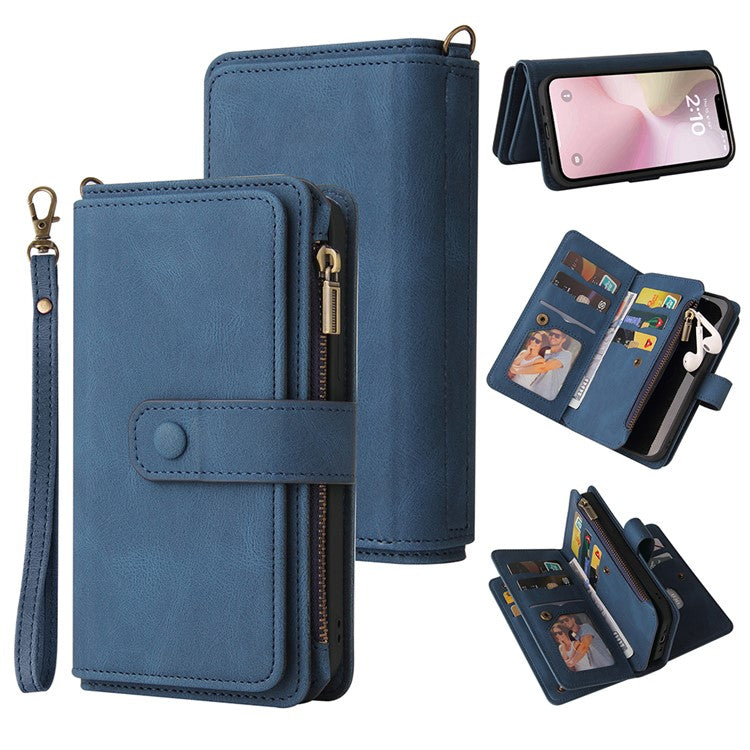 For iPhone 16e Case Zipper Wallet Leather Stand Cell Phone Cover - Blue