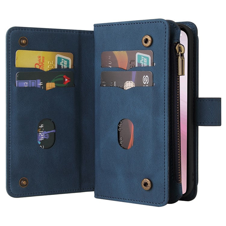 For iPhone 16e Case Zipper Wallet Leather Stand Cell Phone Cover - Blue