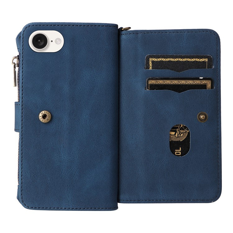 For iPhone 16e Case Zipper Wallet Leather Stand Cell Phone Cover - Blue