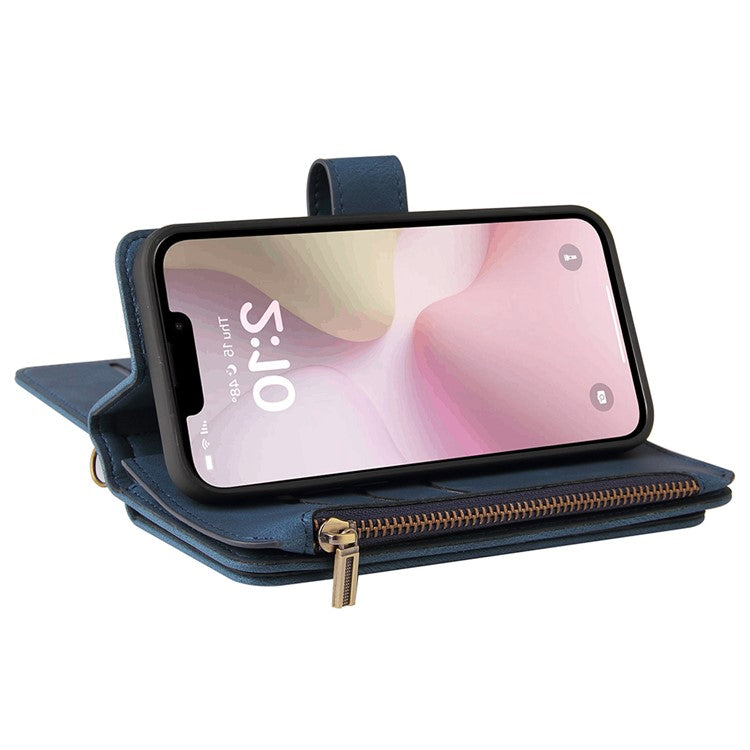 For iPhone 16e Case Zipper Wallet Leather Stand Cell Phone Cover - Blue