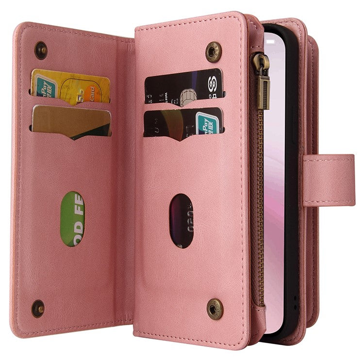 For iPhone 16e Case Zipper Wallet Leather Stand Cell Phone Cover - Pink