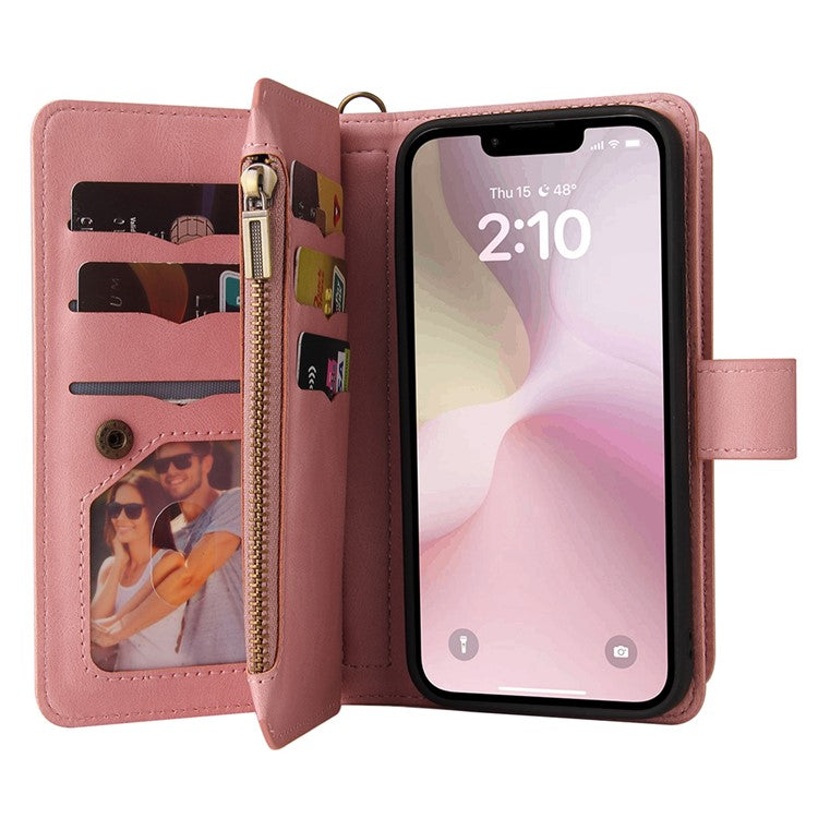 For iPhone 16e Case Zipper Wallet Leather Stand Cell Phone Cover - Pink