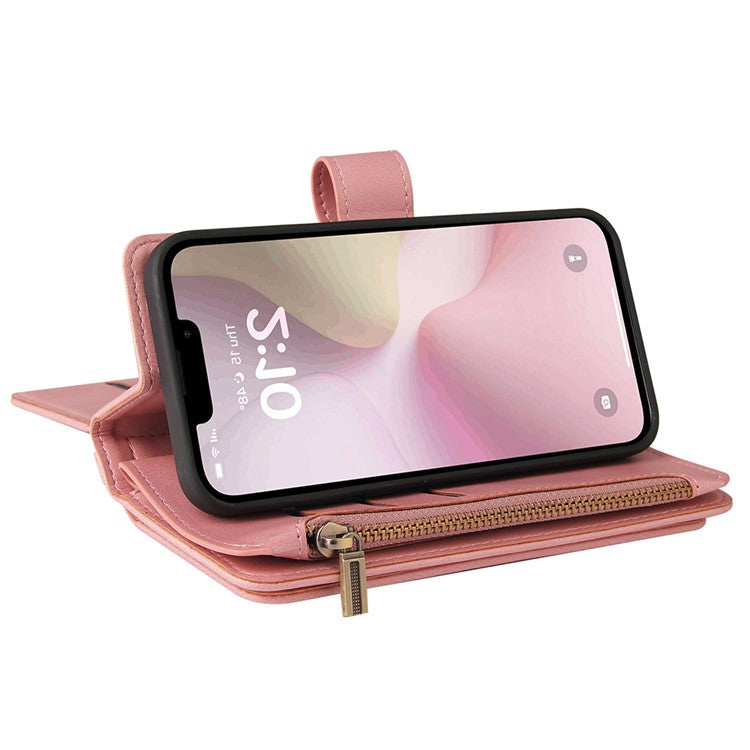 For iPhone 16e Case Zipper Wallet Leather Stand Cell Phone Cover - Pink