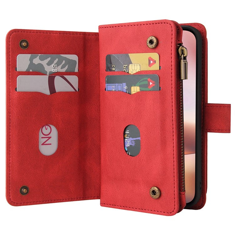 KT Multi-Functional Series-2 For iPhone 16 Plus Case Anti-drop Zipper Pocket Leather Wallet Phone Cover - Red