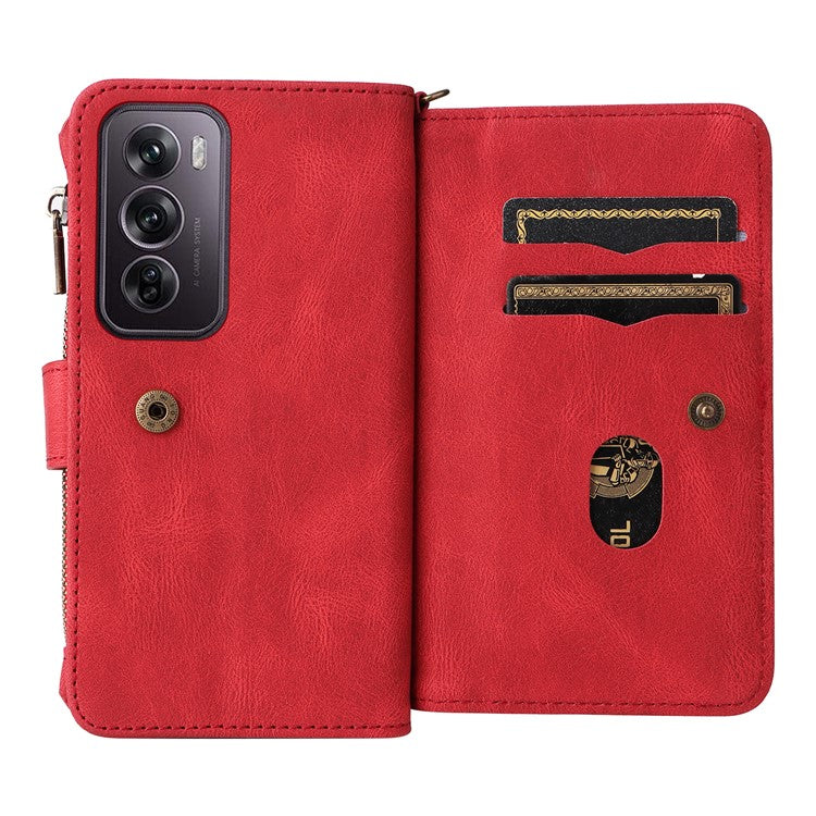 KT Multi-Functional Series-2 For Oppo Reno12 Pro 5G (Global) / (China) Phone Case Zipper Wallet Leather Protective Cover - Red
