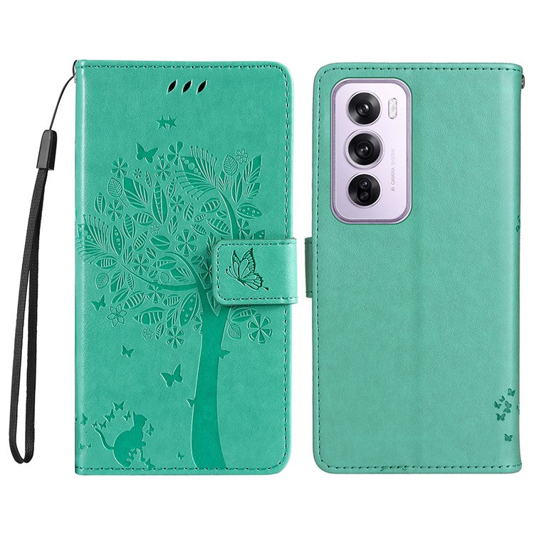 KT Imprinting Flower Series-3 For Oppo Reno12 5G (Global) Phone Case Imprinted Leather Wallet Cover - Green