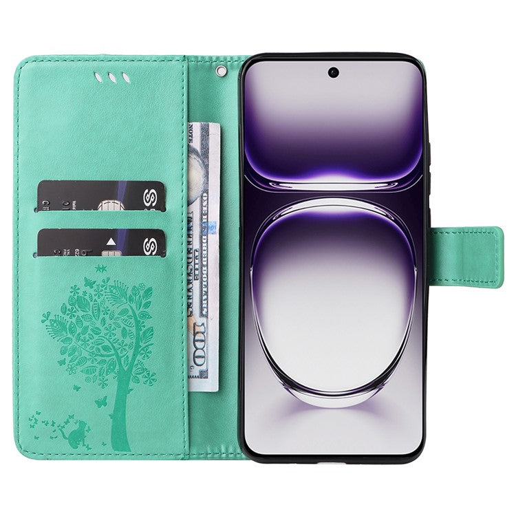 KT Imprinting Flower Series-3 For Oppo Reno12 5G (Global) Phone Case Imprinted Leather Wallet Cover - Green