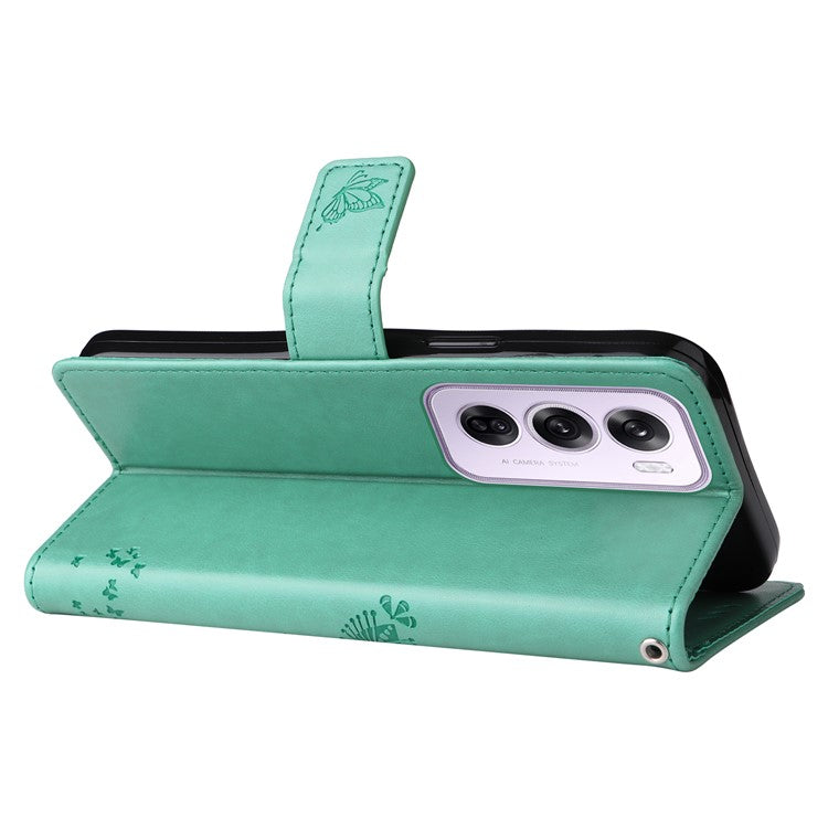 KT Imprinting Flower Series-3 For Oppo Reno12 5G (Global) Phone Case Imprinted Leather Wallet Cover - Green