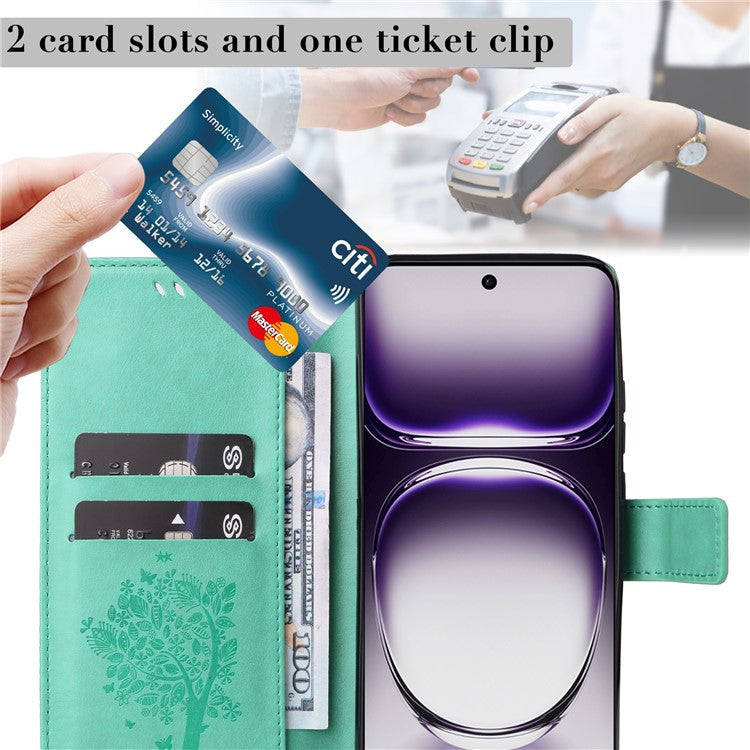 KT Imprinting Flower Series-3 For Oppo Reno12 5G (Global) Phone Case Imprinted Leather Wallet Cover - Green