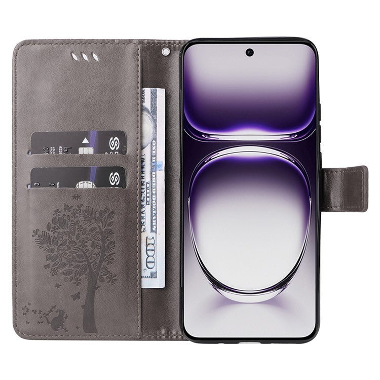 KT Imprinting Flower Series-3 For Oppo Reno12 5G (Global) Phone Case Imprinted Leather Wallet Cover - Grey