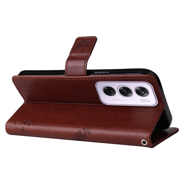 KT Imprinting Flower Series-3 For Oppo Reno12 5G (Global) Phone Case Imprinted Leather Wallet Cover - Brown