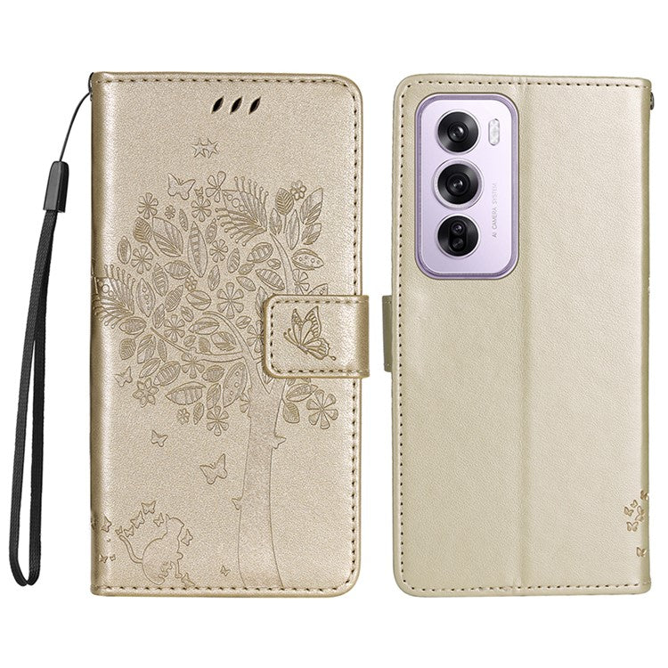 KT Imprinting Flower Series-3 For Oppo Reno12 5G (Global) Phone Case Imprinted Leather Wallet Cover - Gold